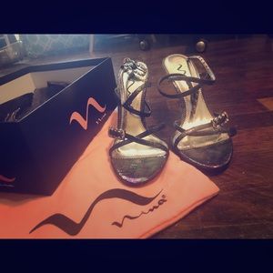 Nina Black Iridescent Snakeskin Strappy Heels